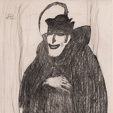 black and white drawing of a masked figure